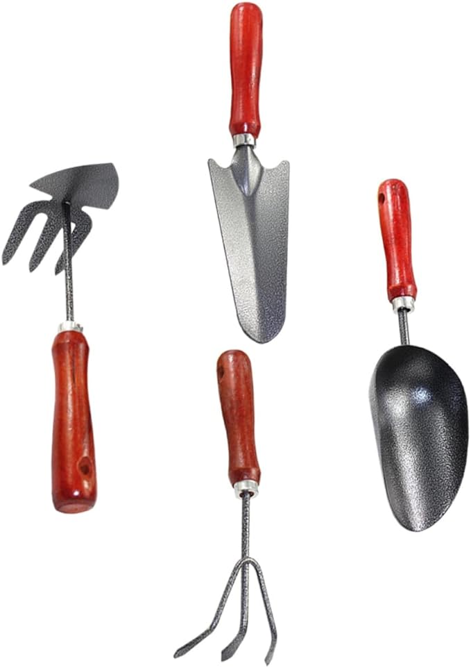 NUOBESTY 4pcs Gardening Tool Set with Garden Shovel Narrow Shovel 3-Prong Rake and Dual-use Hoe Mini Hand Tools for Planting Weeding and Digging in Pots and Garden Beds