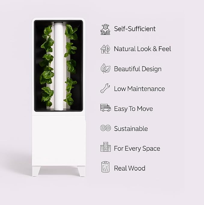 Just Vertical EVE Tower Garden | Hydroponic Growing System | Grow 12 Fresh Herbs &amp Vegetables Year-Round | Self-Watering Energy-Efficient LED Compact Design Fully Assembled | White
