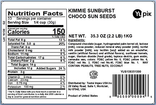 Yupik Kimmie Sunbursts Colorful Chocolaty Sunflower Seeds 2.2 lb (35.2 oz) Pack of 6 Gluten-Free Kosher Sunflower Seeds in Chocolaty Candy Coating Source of Fiber Ideal for Parties Baking