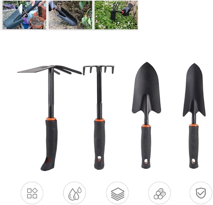 4 Piece Garden Tool Set Iron Shovel Rake with Plastic Handles for Flower Planting Bonsai Gardening