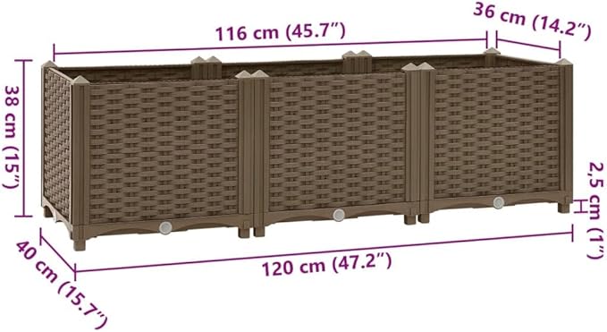 vidaXL Rectangular Raised Bed - Sturdy Outdoor Planter for Garden Patio and Balcony Durable Polypropylene Material Easy to Assemble - Brown 47.2x15.7x15