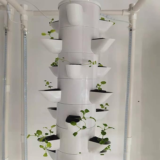 15 Floors 45 Holes Hydroponics Tower Aquaponics Grow Garden Tower Aeroponics Growing Kit for Fruits and Vegetables with Hydrating Pump