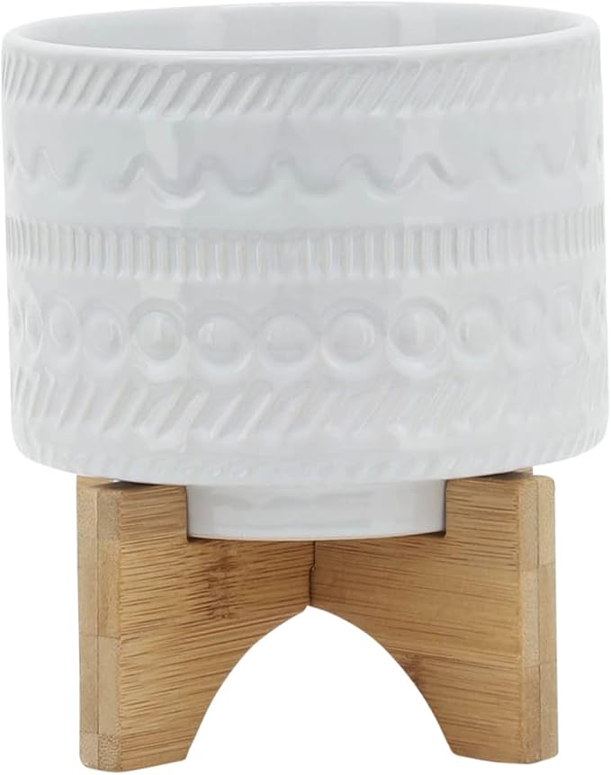 5 Tribal Planter W Wood Stand White