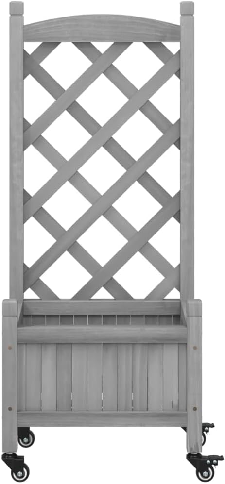 Grey Solid Fir Wood Planter with Trellis 11.8x15.7x38.4 in Rectangular Raised Garden Bed on Wheels Outdoor Indoor Planter Box for Climbing Plants