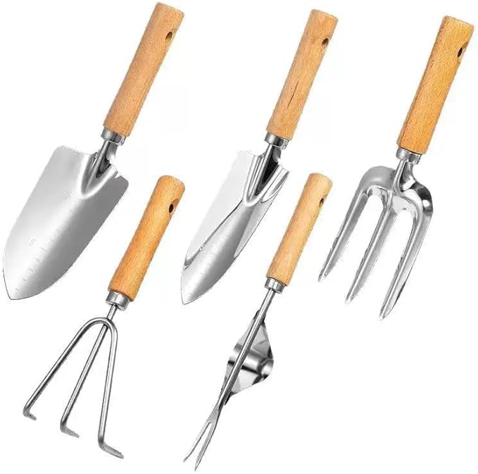 Gardening Tool Set 5-Piece Stainless Steel Garden Tools with Beech Wood Handles for Weeding and Transplanting