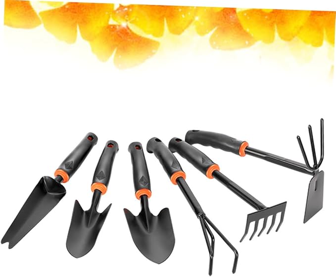 Sosoport 6pcs Iron Garden Tool Set with Ergonomic Anti-Skid Handle Versatile Hoeing Rake Shovel and Rake Accessories for Home Balcony and Potted Gardening Black Orange