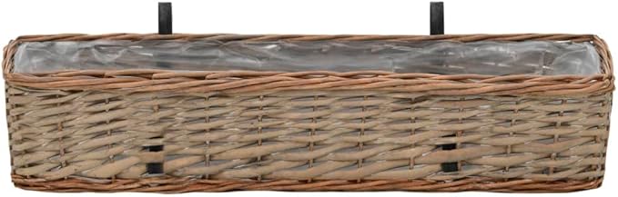 Brown Wicker Planter Set of 2-31.5 in Long Rectangular Planters for Fence Garden Wall and Patio Use - Rustic Synthetic Wicker - Galvanized Welded Mesh