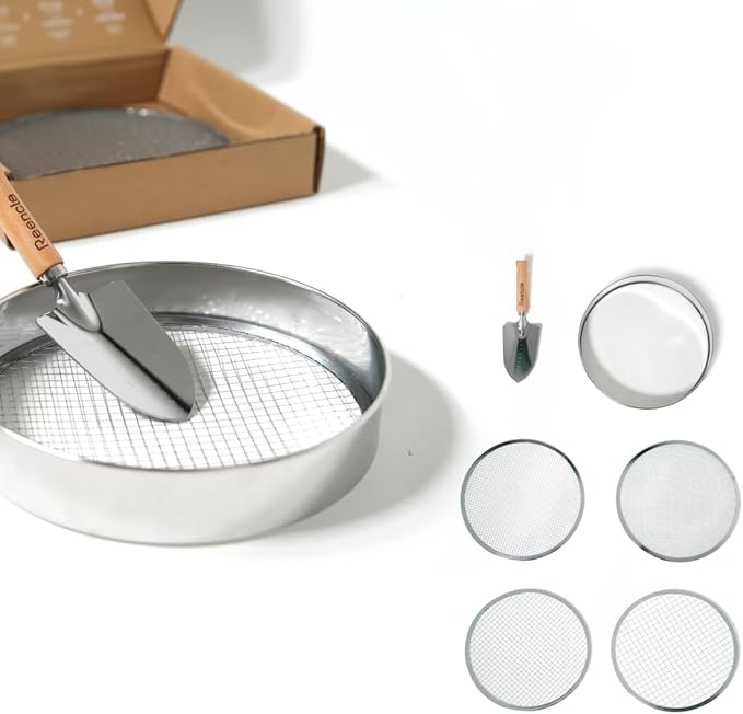 Reencle Garden Tool Set | Stainless Steel Sifter Set with 4 Sieve Meshes | Garden Trowel | Filter Mesh(36912mm)