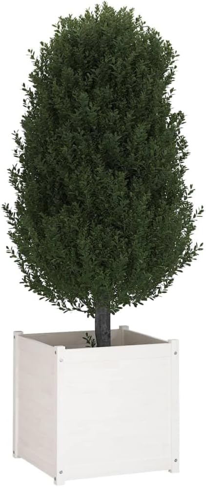 White Solid Pine Wood Garden Planter Set 23.6x23.6x23.6 Inch Outdoor Square Raised Garden Bed for Flowers Herbs Vegetables Weather Resistant Finish