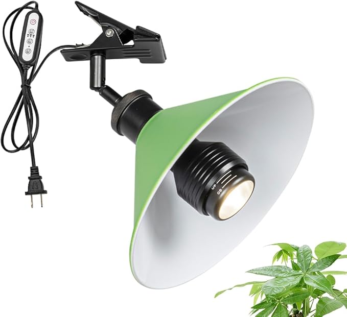 Clip-On Full Spectrum Lamp 5.9Ft Timer Switch Cord Adjustable Angle Black Base Green Shade Vintage Design Metal Clamp Light for Indoor Plants Billboards