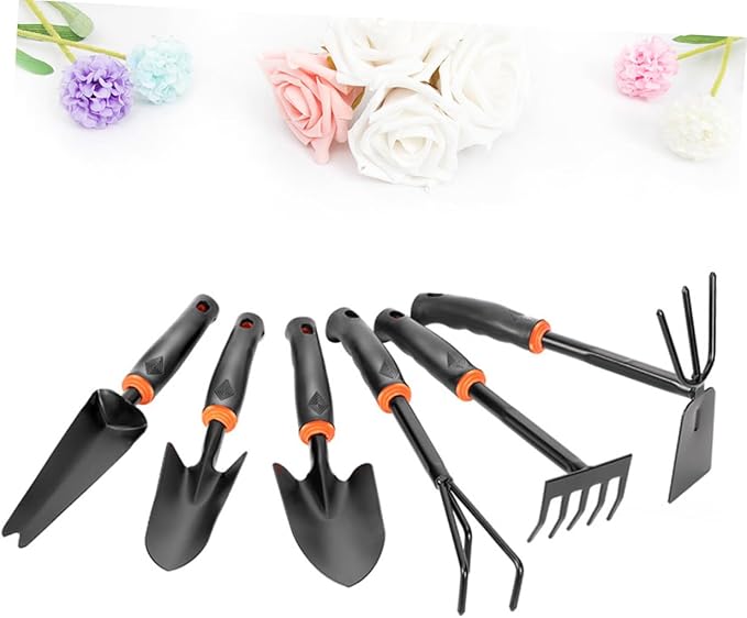 BESPORTBLE 6pcs Garden Tool Set Iron Wide Shovel Double-Sided Hoeing Rake Ergonomic Anti-Skid Plastic Handle for Home Balcony Gardening and Potted Plants Black Orange