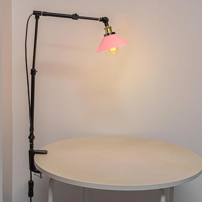 Clip Mount Plant Growing Stand Socket Light E26 Base 15Ft Timer Switch Cord Adjustable Length Pink Shade for Indoor Desk Or Shelf Plants(No Bulb)