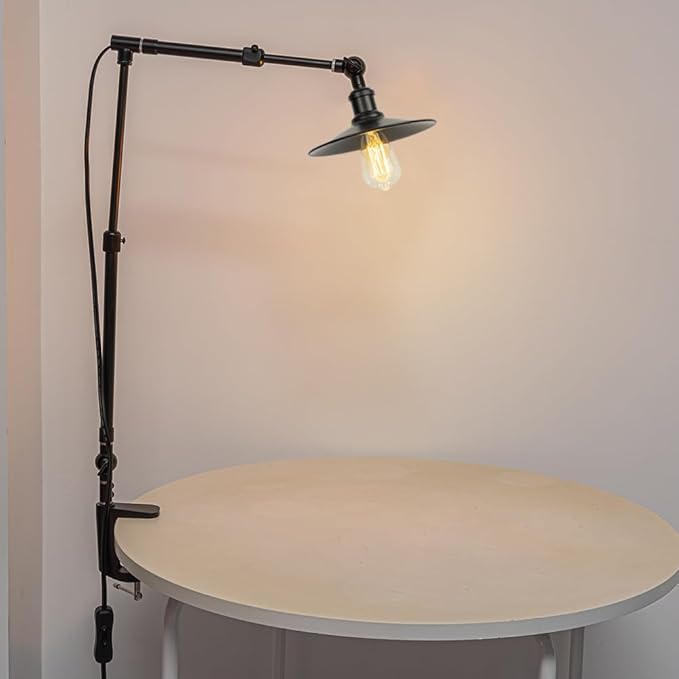 15Ft Timer Switch Cord Clip Mount Plant Growing Stand Socket Light Adjustable Length Black Shade Retro Design for Shelf Or Table Indoor Plants (No Bulb)