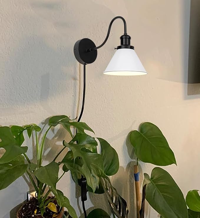 Hook Type Wall Mounted Plant Light Full Spectrum White Light 6000K 25W Bulb Vintage White Metal Gooseneck Plug in Cord Timing Wall Lamp for Indoor Growing Plants