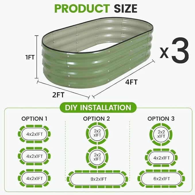 G GOOD GAIN Galvanized Metal Raised Garden Bed Kit - 4x2x1FT Outdoor Planter Box with Safety Edging and Gloves for Vegetables Fruits Flowers(Olive Green 3PC)