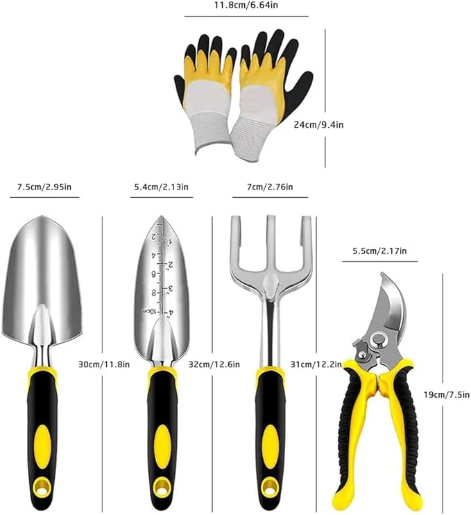5-Piece Garden Tool Set Heavy Duty Aluminum Gardening Tools with Pruner Trowel Transplanter Hand Rake &amp Gloves Floral Design Ergonomic Handle - Perfect Gardening Gift for Women