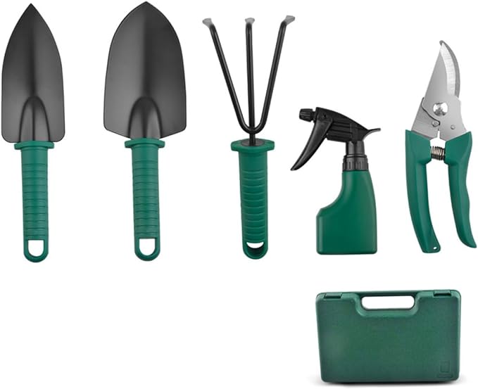 Stainless Steel Gardening Shovel and Rake Set with Pruning Shears Portable 5pcs Garden Tool Kit with Carrying Case for Outdoor Planting and Lawn Care