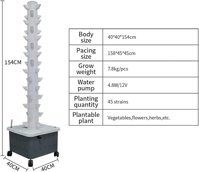 Hydroponic Tower Growing Sytem Vertical Grow Tower with Pump and Movable Water Tank 45 Plants Sites