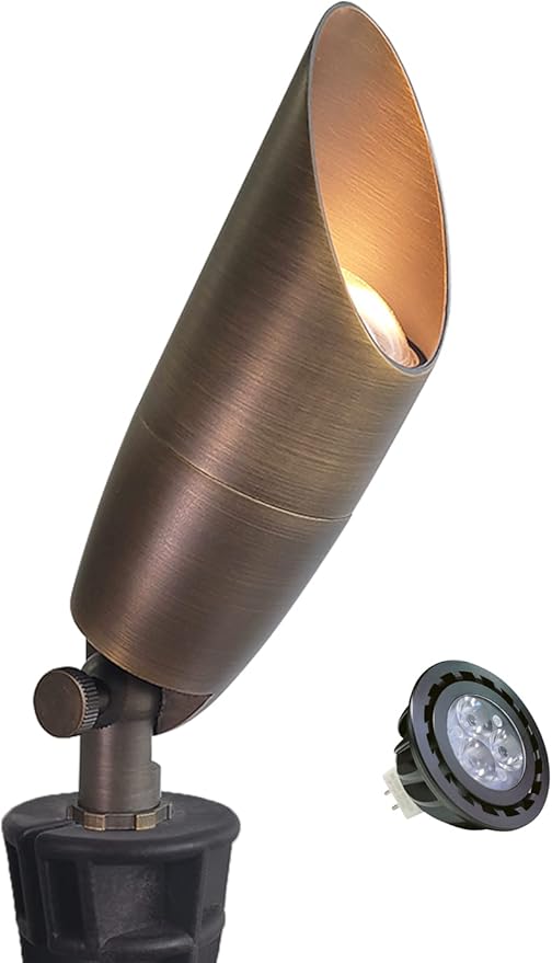 MALORY Solid Brass Landscape Spotlight 1-Pack with Bulb(S06) Low Voltage Front and Backyard Landscape Lighting with Large Rugged Slot Spike &amp Wire Connector12V AC/DC Garden Patio Spot Up Light