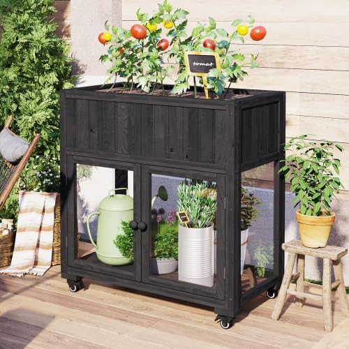 Raised Garden Bed with Wheels Wood Planter Box Mobile Mini Greenhouse with 2 Doors for Vegetables Herbs and Flowers Raised Bed with Liner for Patio Backyard and Balcony Indoor Outdoor Use Black