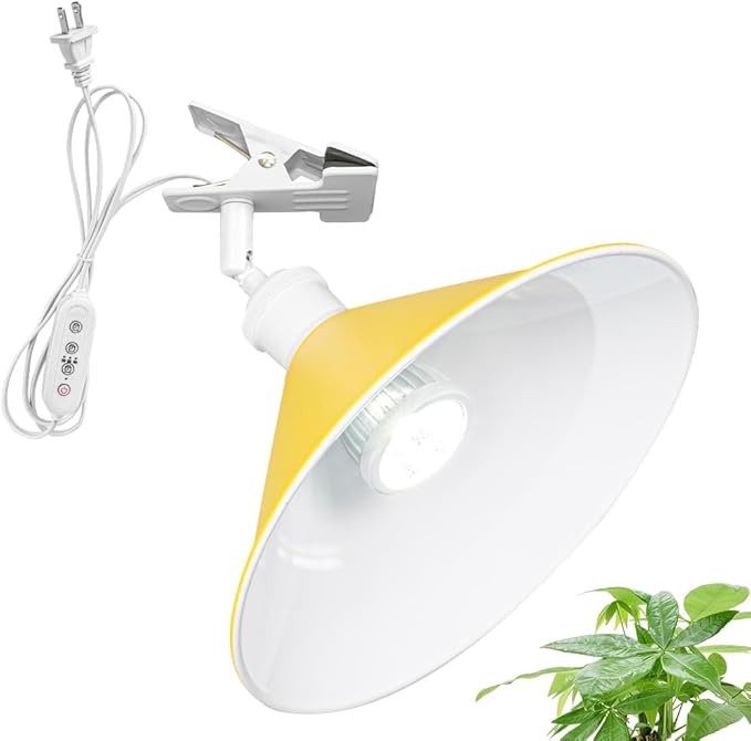 Clip Mount 5.9Ft Plug in Timing Cord Plant Light Full Spectrum White Light White Base Yellow Metal Shade Adjusted Angle Modern Clamp Light for Indoor Plants