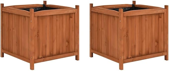 Firwood Raised Garden Bed Planters Set of 2 19.7 Inch Square Brown Water-Based Paint Durable Outdoor Indoor Gardening Patio &amp Balcony