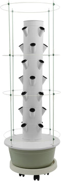 Hydroponic Growing System Kit Vertical Hydroponic Tower with Climbing Trellis Indoor &amp Outdoor Herb Garden Vegetable Tower with 28 Planting Pods for TomatoesStrawberries (White and Light Green