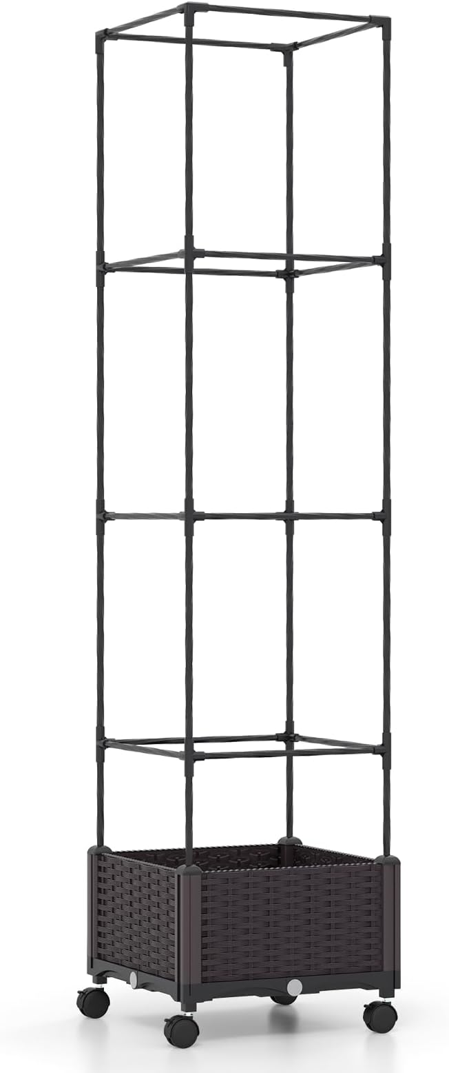 S AFSTAR Raised Garden Bed with Tomato Cage 67 Planter Box W/Trellis &amp Lockable Wheels Free Height Combination Self-Watering Plastic Garden Box Plant Container for Climbing Plants Vegetable (2)