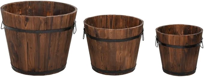 Burned Wood Bucket Planter Set Solid Fir Wood 3-Pack Cylindrical Rustic Decorative Inlays 17.7-inch Outdoor Indoor Garden Clearance Deals Raised Garden Bed