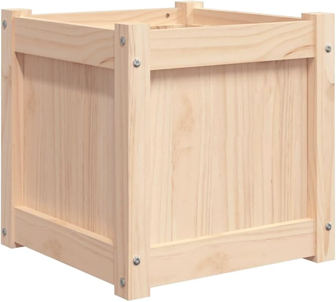Garden Planter Set of 2 Natural Solid Pine Wood 15.7x15.7x15.7 inch Square Raised Garden Beds for Outdoor Plants Rustic Finish