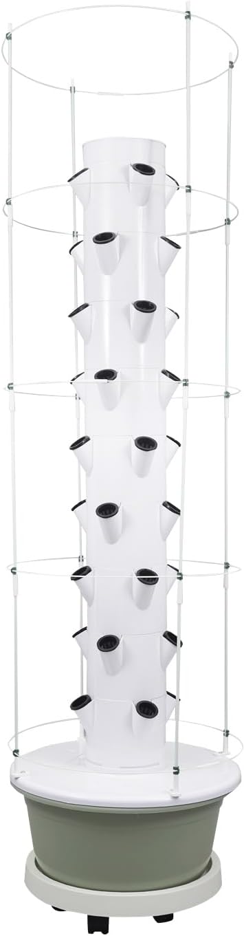 Hydroponic Growing Tower with Climbing Trellis 30L Water Tank &amp Automatic Timer Indoor Outdoor Vertical Garden System for Vegetables Herbs Strawberries (Light Green - 36 Holes)