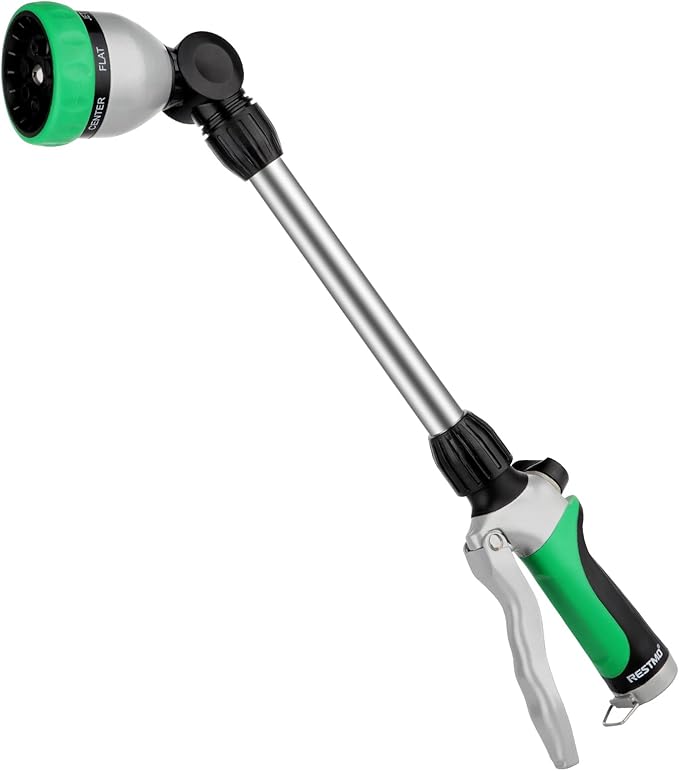 RESTMO Metal Watering Wand Heavy Duty Garden Hose Wand with 180° Swivel Ratcheting Head 16-Inch Hose Nozzle Sprayer with 7 Spray Patterns and Flow Control Ideal to Water Hanging Baskets and Shrubs