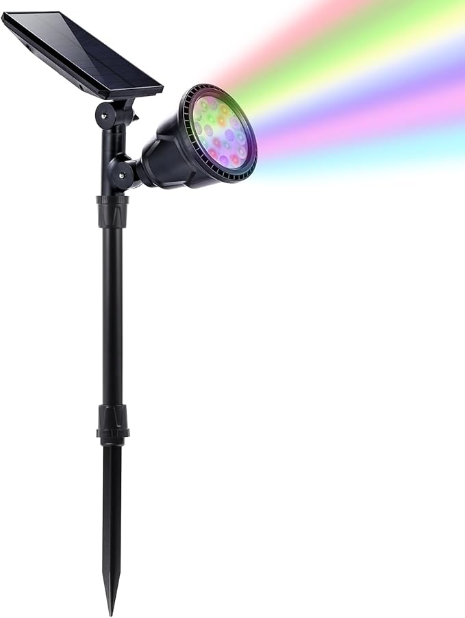 Solar Outdoor Spotlights - 18 LED 600 Lumens Waterproof 7 Colors Adjustable for Year Round Patio Garden and Landscape Festive Lighting (1 Pack)