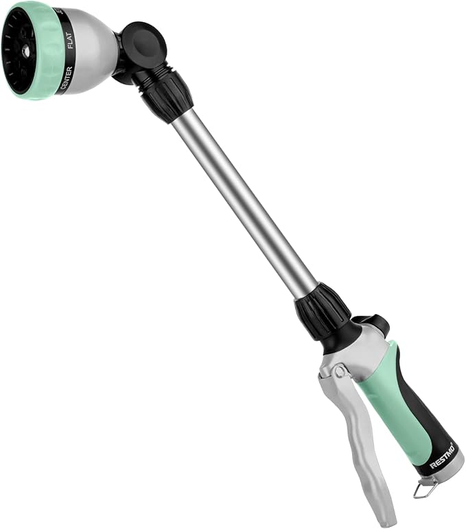 RESTMO Metal Watering Wand Heavy Duty Garden Hose Wand with 180° Swivel Ratcheting Head 16'' Hose Nozzle Sprayer with 7 Spray Patterns and Flow Control for Water Hanging Baskets and Shrubs Cyan