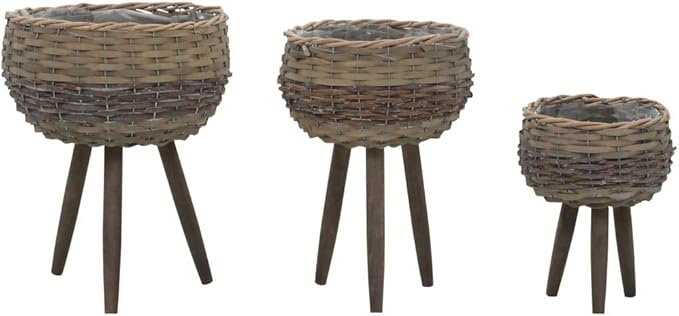 Brown Wicker Planter Set of 3 - Large Medium Small Garden Basket Galvanized Steel Fencing for Patio Raised Bed &amp Landscape - vidaXL