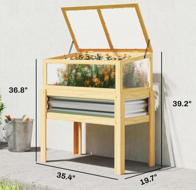 Elevated Raised Garden Bed with Flip-Up Mini Greenhouse Top – Wood Planter Box for Flowers Vegetables &amp Herbs – Weather-Resistant Outdoor Galvanized Metal Frame (Natural Wood)