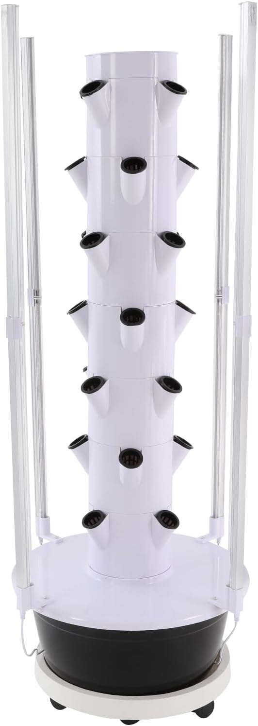 28-Plant Hydroponic Growing Tower – Indoor Vertical Garden Kit with LED Grow Lights 7.92 Gal Water Tank 6-Preset Timer &amp Wheels (20.86 x 53.54 in) for Herbs/Veggies/Flowers (Black Tank)