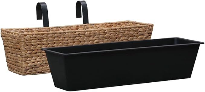 Rectangular Water Hyacinth Planter Set of 2 Brown &amp Black Woven Design Steel Frame Indoor Plant Pots with Removable Liners 23.6x23.6x7.1 inch for Living Room Decor