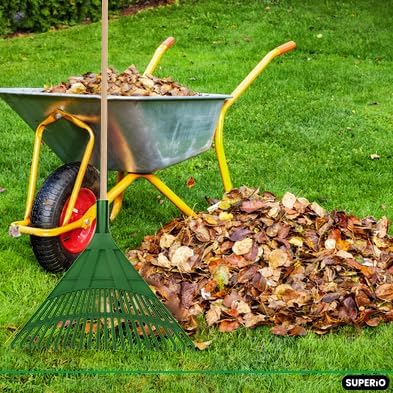 Superio Green Adult and Kids Garden Rakes with Hardwood Handle Durable Plastic Collect Loose Debris and Leaves in Lawn and Among Delicate Plants