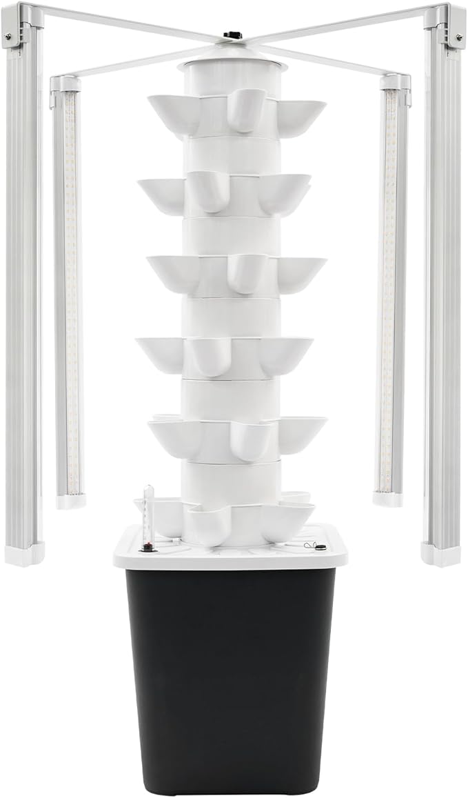 Hydroponic Tower 6-Tier 30-Plant Hydroponic Growing Kit with Light Strips &amp Water Tank Outdoor Indoor Vertical Hydroponic Planter Self-Watering Garden Planter Tower (Black Water Tank)