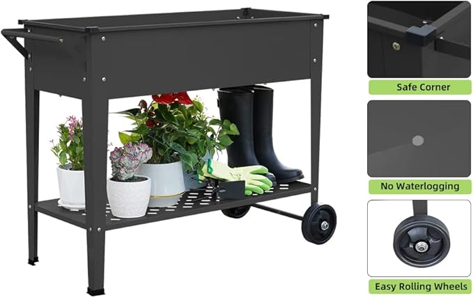Raised Planter Box Outdoor with Legs Elevated Raised Garden Bed with Wheels Flower Boxes Outdoor Standing Planter for Vegetables Flowers Herbs PlantingBlack