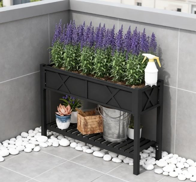 Elevated Wood Planter BoxRaised Garden Bedwith Storage ShelfDrainage Holesand Liner