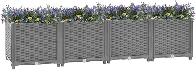 Large 63 x 63 x 14.9 in Light Grey Raised Planter Box UV-Resistant Polypropylene Garden Bed with Basketweave Texture Modern Outdoor Flower &amp Herb Container for Patio Balcony