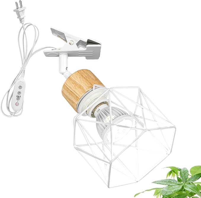 Clip Mount 5.9Ft Plug in Timing Cord Plant Light Full Spectrum White Light Wood Base White Metal Hollow Shade Adjusted Angle Modern Clamp Light for Indoor Plants