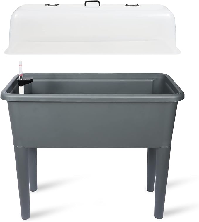 Dexceder 13.2 Gallon Self Watering Raised Garden Bed with Ventilation Transparent Lid Greenhouse Deepen Vegetable Flower Box Planter Pot with Removeble Legs &amp Water Level Indicator (Deep Gray)