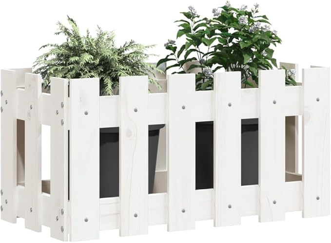 Rustic White Wooden Planter Box Solid Pine Wood 23.6x11.8x11.8 Inch Durable Outdoor Garden Bed for Flowers Herbs