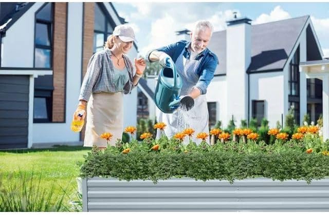 6x3x2ft Outdoor Metal Raised Garden Bed Planter Box for Vegetables Flowers Herbs w/ 3 Tomato Cages Siliver