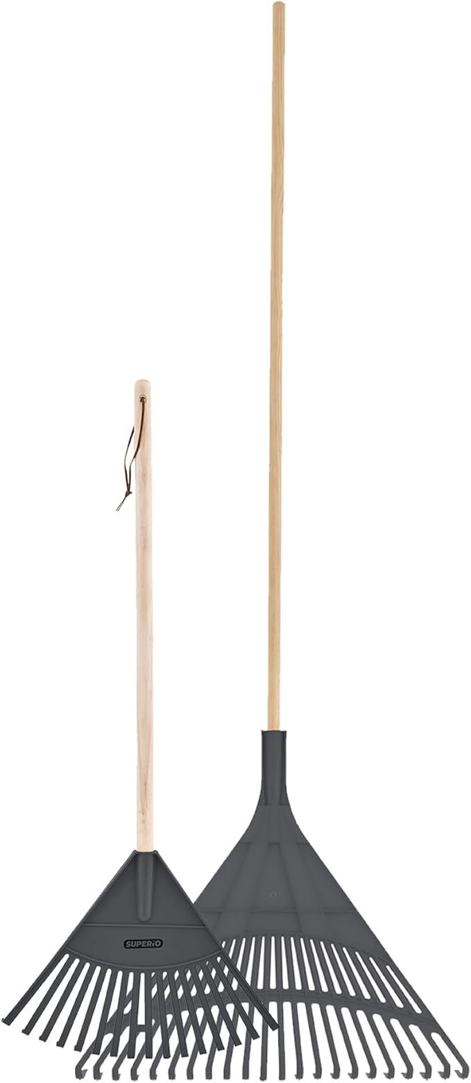 Superio Kids &amp Adult Set Rakes with Hardwood Handle Durable Plastic Head to Sweep Leaves in Lawn and Tidying Up The Garden Kids Size 34 Adult Size 61
