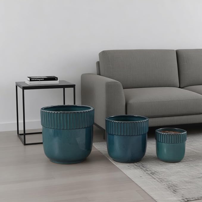 Handmade Glazed Ceramic Planter Set of 3 15129 Inch Diameter Ribbed Pattern for Monstera and Fiddle Leaf Fig Outdoor G Indoor Staircase Use Breathable Clay Teal