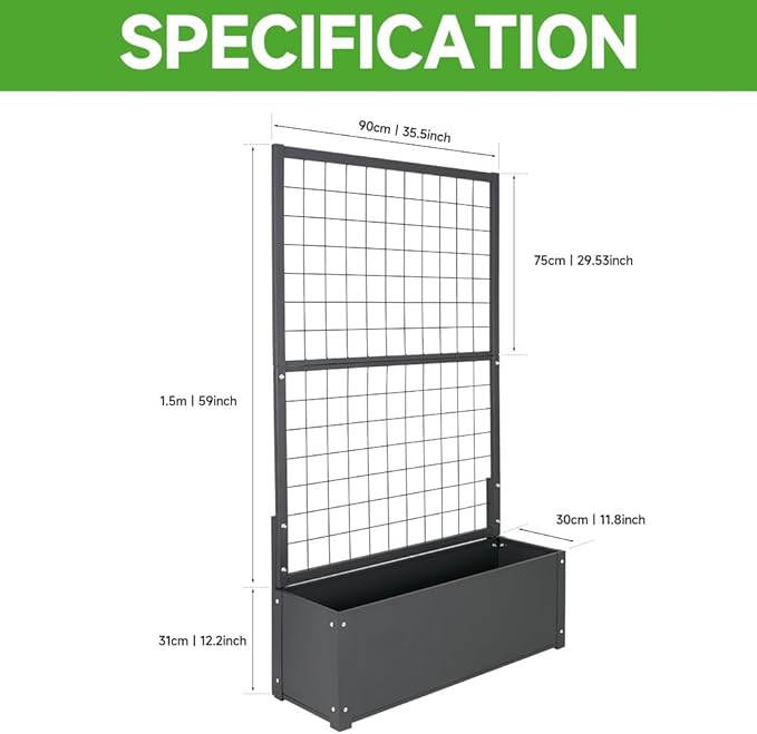 Metal Planter with Trellis Raised Garden Beds Outdoor (35.5 L*12 W*59 H) Inch Planter Box with Trellis&ampPrivacy Screen for Climbing Plants Vegetables Vines